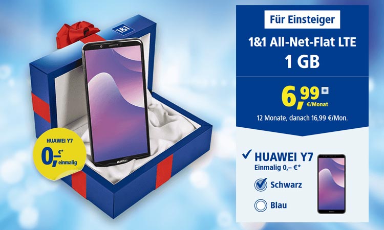 Weihnachts-Paket: 1&1 All-Net-Flat für 6,99 €/Monat inklusive 1 GB LTE und Huawei Y7